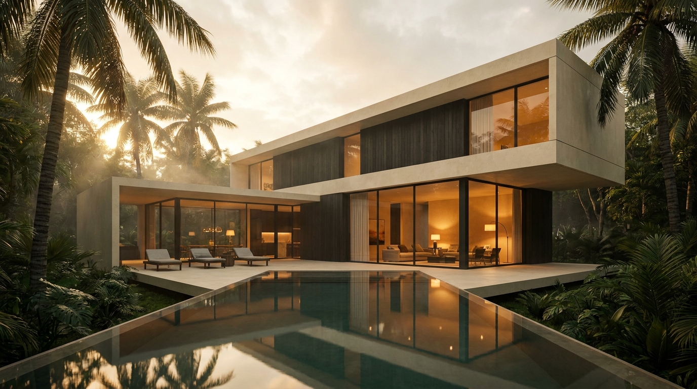 Casa selvática de lujo en Tulum al atardecer